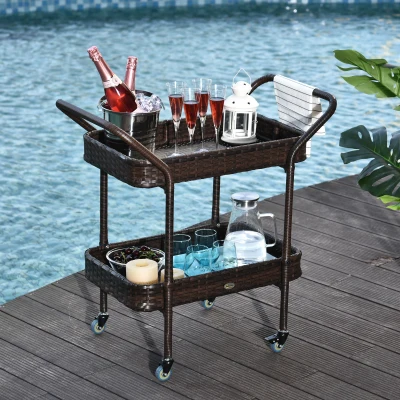 Outsunny Rattan Outdoor Bar Table, Wheeled Patio Serving Cart, Brown