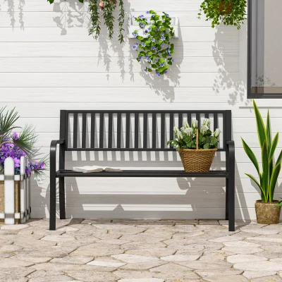 Outsunny 50" Outdoor Garden Bench, Metal Slatted Patio Bench, Black
