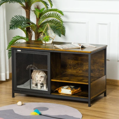 PawHut Wooden Cat Crate, Indoor Dog Cage with Cushion, Brown