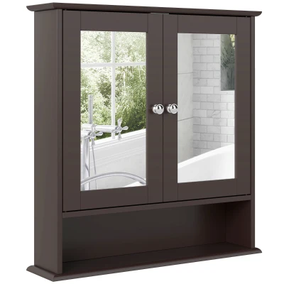 kleankin Medicine Cabinet, Wall-Mounted Bathroom Mirror Cabinet with Double Doors, Open Shelf, and Adjustable Shelf, Modern Bathroom Wall Cabinet, Dark Brown
