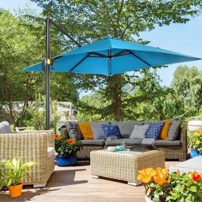 Outsunny 8' x 8' Square Patio Hanging Offset Umbrella with 360° Rotation, Aluminum Outdoor Cantilever Market Parasol, Turquoise