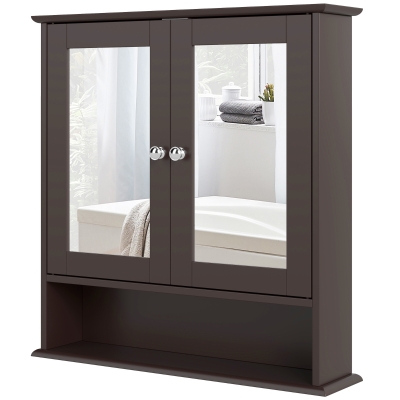 kleankin Medicine Cabinet with Mirror Bathroom Wall Cabinet with Double Doors, Open Shelf, and Adjustable Shelf, Modern Bathroom Wall Cabinet, Dark Brown