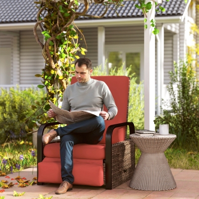 Outsunny Wicker Outdoor Recliner Chair, Reclining Lounge Chair with Adjustable Backrest, Footrest and Side Tray, Red