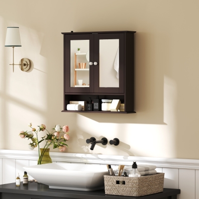 kleankin Medicine Cabinet, Wall-Mounted Bathroom Mirror Cabinet with Double Doors, Open Shelf, and Adjustable Shelf, Modern Bathroom Wall Cabinet, Dark Brown