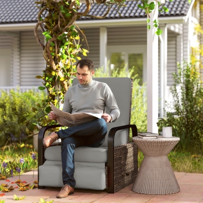 Outsunny Wicker Outdoor Recliner Chair, Reclining Lounge Chair with Adjustable Backrest, Footrest and Side Tray, Light Grey