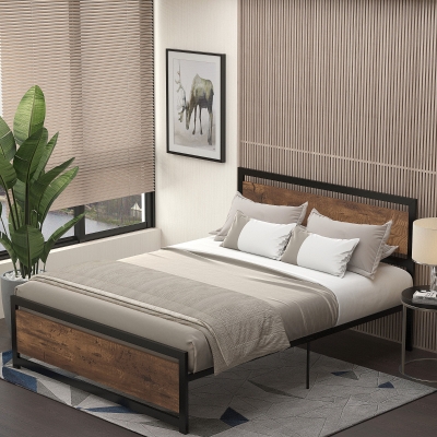 HOMCOM Queen Bed Frame, Metal Slat Support with Storage, 63"x82"