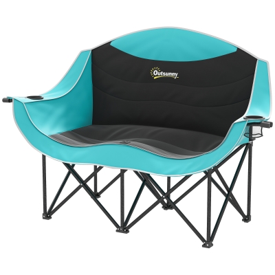 Outsunny Folding Double Camping Chair with Armrests & Cup Holders, Green