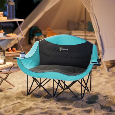 Outsunny Folding Double Camping Chair with Armrests & Cup Holders, Green