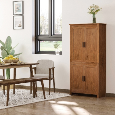 HOMCOM 64" Kitchen Pantry Cabinet, Freestanding Storage Cabinet with 4 Doors, 3 Adjustable Shelves, Oak