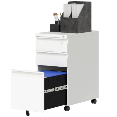 Vinsetto 3 Drawer Filing Cabinet with Lock, Steel Office Storage Cabinet with Hanging Bar for A4, Legal, Letter Files, White