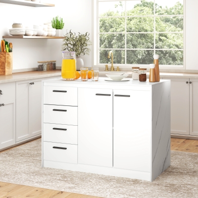 HOMCOM Kitchen Island with Storage Cabinet, 4 Drawers and Adjustable Shelf for Dining Room, Faux Marble Effect and White