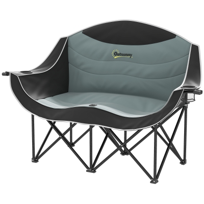 Outsunny Folding Double Camping Chair with Armrests & Cup Holders, Black