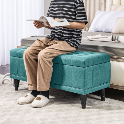 HOMCOM Storage Ottoman, Linen Fabric End of Bed Bench with Button Tufted Storage Bench for Bedroom, Green