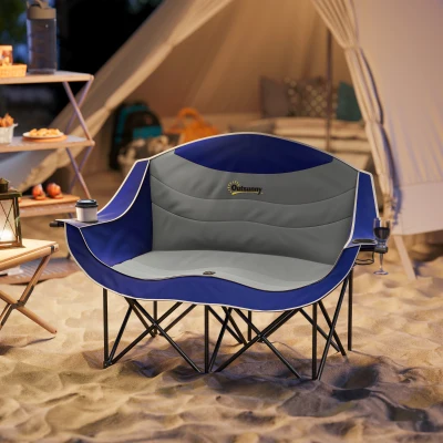 Outsunny Double Folding Camp Chair with Armrests & Cup Holders, Blue