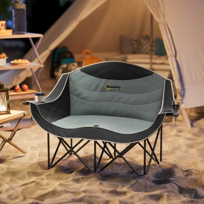 Outsunny Folding Double Camping Chair with Armrests & Cup Holders, Black