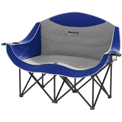 Outsunny Double Folding Camp Chair with Armrests & Cup Holders, Blue