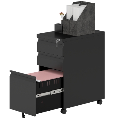 Vinsetto 3 Drawer Filing Cabinet with Lock, Steel Office Storage Cabinet with Hanging Bar for A4, Legal, Letter Files, Black