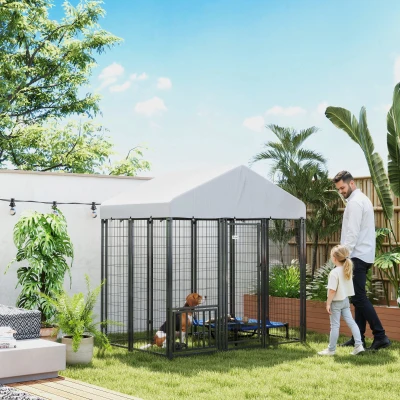 PawHut 5.9' x 4' Outdoor Dog Kennel with Roof & Adjustable Bowls