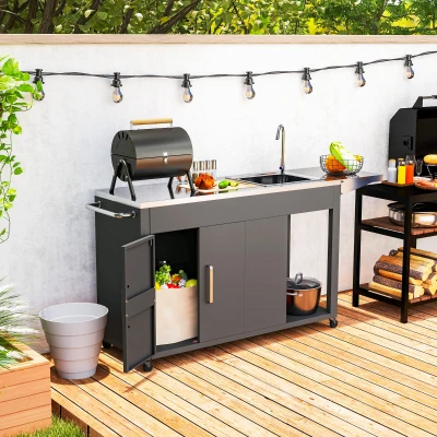 Outsunny Outdoor Grill Cart with Sink, Cabinet & Wheels, Dark Gray