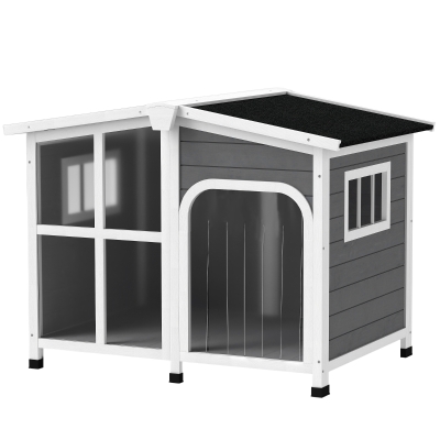 PawHut Wooden Dog House, Raised Pet Kennel with Removable Bottom, Openable Asphalt Roof, Door Curtain, Side Windows, Dark Grey
