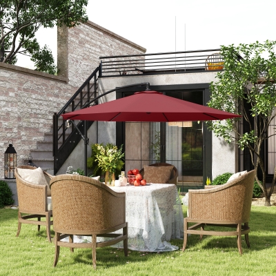 Outsunny 9.7ft Offset Patio Umbrella Garden Hanging Parasol Banana Cantilever Umbrella with Base, Crank, Wine Red