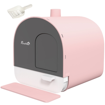 PawHut Cat Litter Box with Lid, Removable Tray, Scoop, Filter, Pink