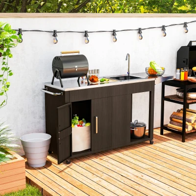 Outsunny Outdoor Grill Cart with Sink, Cabinet & Wheels, Brown