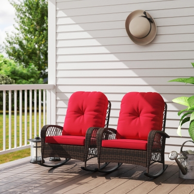 Outsunny Outdoor Wicker Rattan Rocking Chair Set of 2, Patio Rocker with Thick Cushions for Garden Backyard Porch, Red
