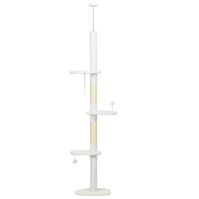 PawHut 88.5"-100.5" Floor to Ceiling Cat Tree, Cat Tower with Scratching Posts, Cloud Shaped Platforms, Dangling Balls, White