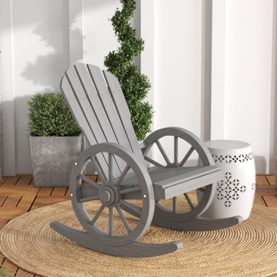 Outsunny Patio Wooden Rocking Chair, Wagon Outdoor Rocker Chair with Slatted Design and Wheel Armrests for Garden, Grey