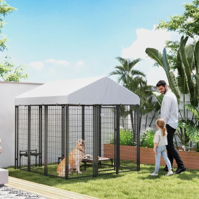 PawHut 6' x 6' Outdoor Dog Kennel with Roof & Lock, Silver