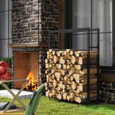 Outsunny Outdoor Firewood Rack with Wheels Heavy Duty Steel Wood Log Storage Stacker for Fireplace, Black