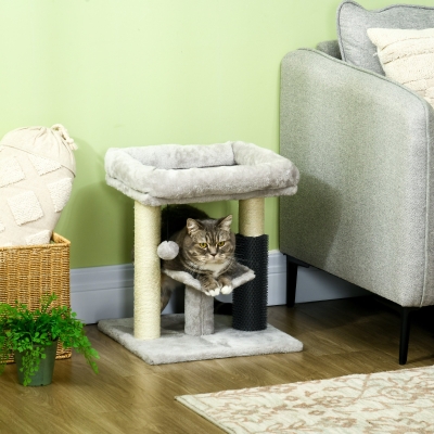 PawHut 19" Cat Tree with Sisal Scratching Post, Cat Tower Condo with Bed, Self Groomer, Perch, Dangling Ball, Grey
