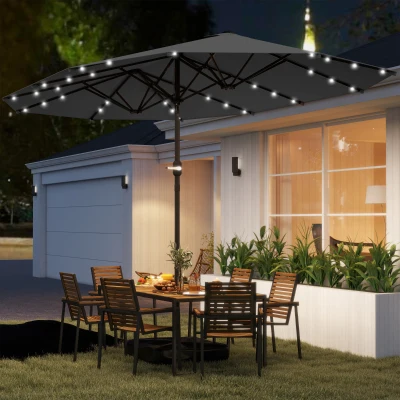 Outsunny 14.4ft Double-Sided Patio Umbrella with Solar LED, Gray