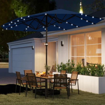 Outsunny 14.4ft Double-Sided Patio Umbrella with Solar LED, Navy Blue