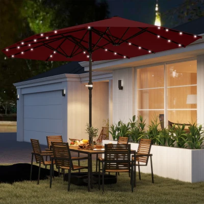 Outsunny 14.4ft Double-Sided Patio Umbrella with Solar LED, Wine Red