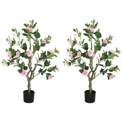 HOMCOM Set of 2 Artificial Camellia Plants in Pots, 39", Pink