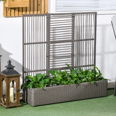 Outsunny Raised Garden Bed with Lattice Trellis, Rattan Outdoor Planter with Storage for Garden, Patio, Balcony, Grey