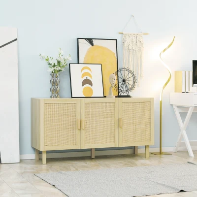 HOMCOM Boho Kitchen Buffet Cabinet with 3 Rattan Doors, Natural