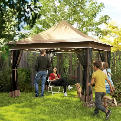Outsunny 12' x 12' Pop Up Canopy Tent with Mesh Netting, Beige