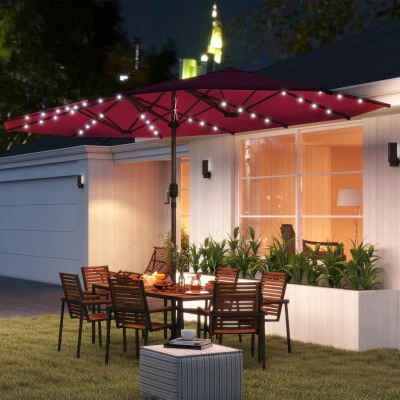 Outsunny Double-Sided Patio Umbrella with LED Lights, Wine Red