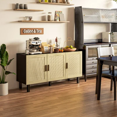 HOMCOM Boho Buffet Cabinet with 3 Rattan Doors, Black/Natural