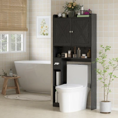 HOMCOM Farmhouse Over Toilet Cabinet with Barn Doors, Black