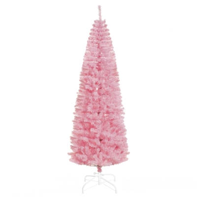HOMCOM 7FT Artificial Christmas Tree Holiday Xmas Holiday Pencil Tree Decoration with Automatic Open for Home Party, Pink