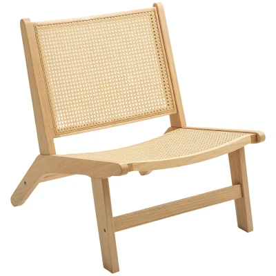HOMCOM Rattan Accent Chair, Mid-Century Leisure Chair with Rubber Wood Frame, for Bedroom Living Room, Natural
