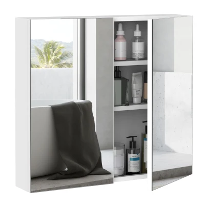 kleankin Wall Mounted Mirror Cabinet, Bathroom Medicine Cabinet with Mirror, 2 Doors and 3-tier Shelving, White