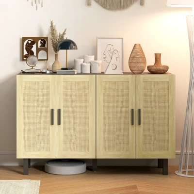 HOMCOM Boho Kitchen Buffet Cabinet with Rattan Doors, Black/Natural