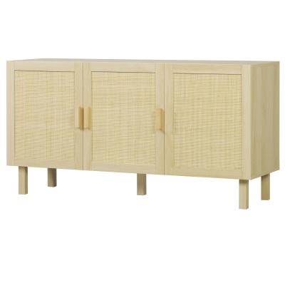 HOMCOM Boho Kitchen Buffet Cabinet with 3 Rattan Doors, Natural