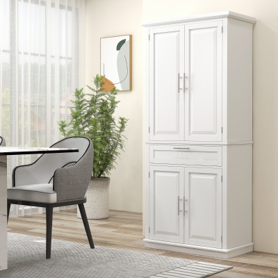 HOMCOM 72" Kitchen Pantry Cabinet, Freestanding Storage Cabinet, 4-Door Cabinet with Drawer and Adjustable Shelves, White
