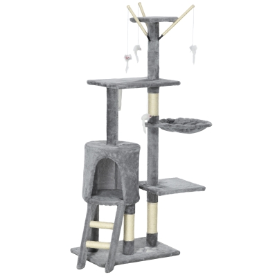 PawHut 53" Cat Tree Tower, Kitten Activity Centre with Scratching Posts, Condo, Perches, Ladder, Hammock, Dangling Toys, Grey